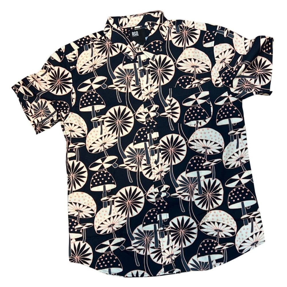 RSQ Mens Mushroom Print Button-Up Shirt Short Sleeve Navy/White S